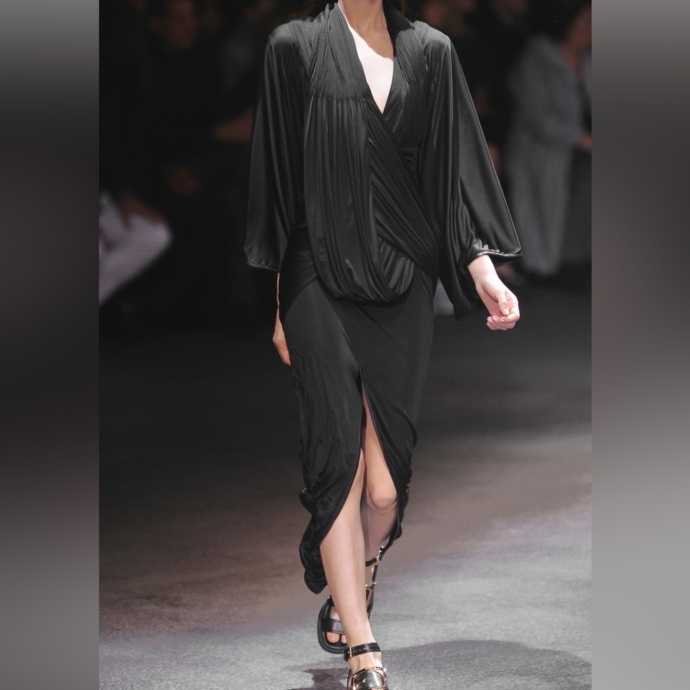 Givenchy SS14 Viscose Drapey Dress Black size FR 34 Leather trim Front Slit - Picture 14 of 14